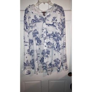 H&M Blue and White Long Sleeve Button Down Print Top Victorian Vintage Angels